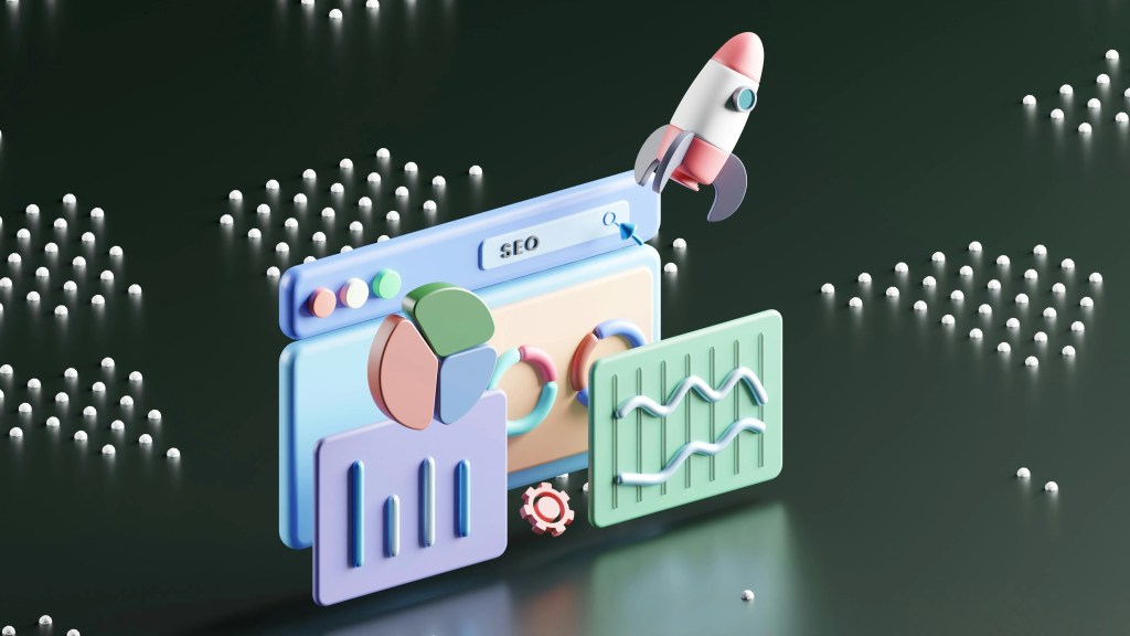 a 3D illustration of SEO with different windows and a rocket ship